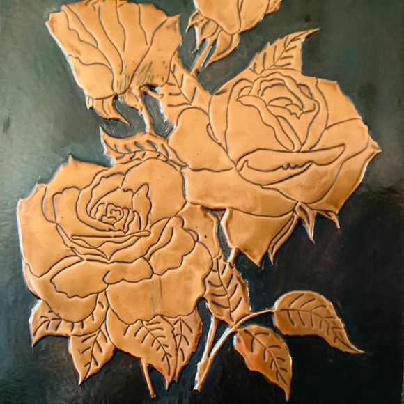 This is a vintage copper relief art piece featuring embossed roses - Picture 3 of 4